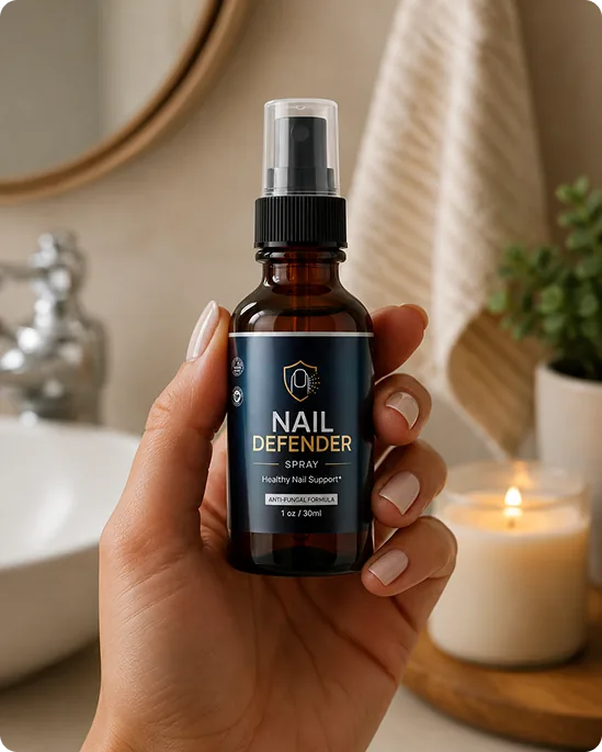A hand holding a Nail Defender Spray bottle in a bathroom