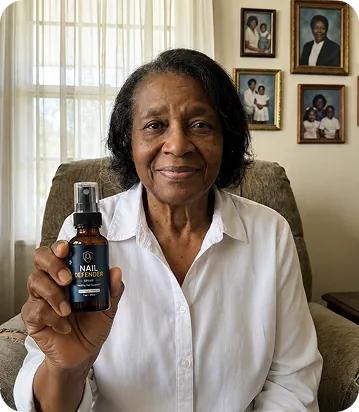 Evelyn holding a Nail Defender Spray bottle